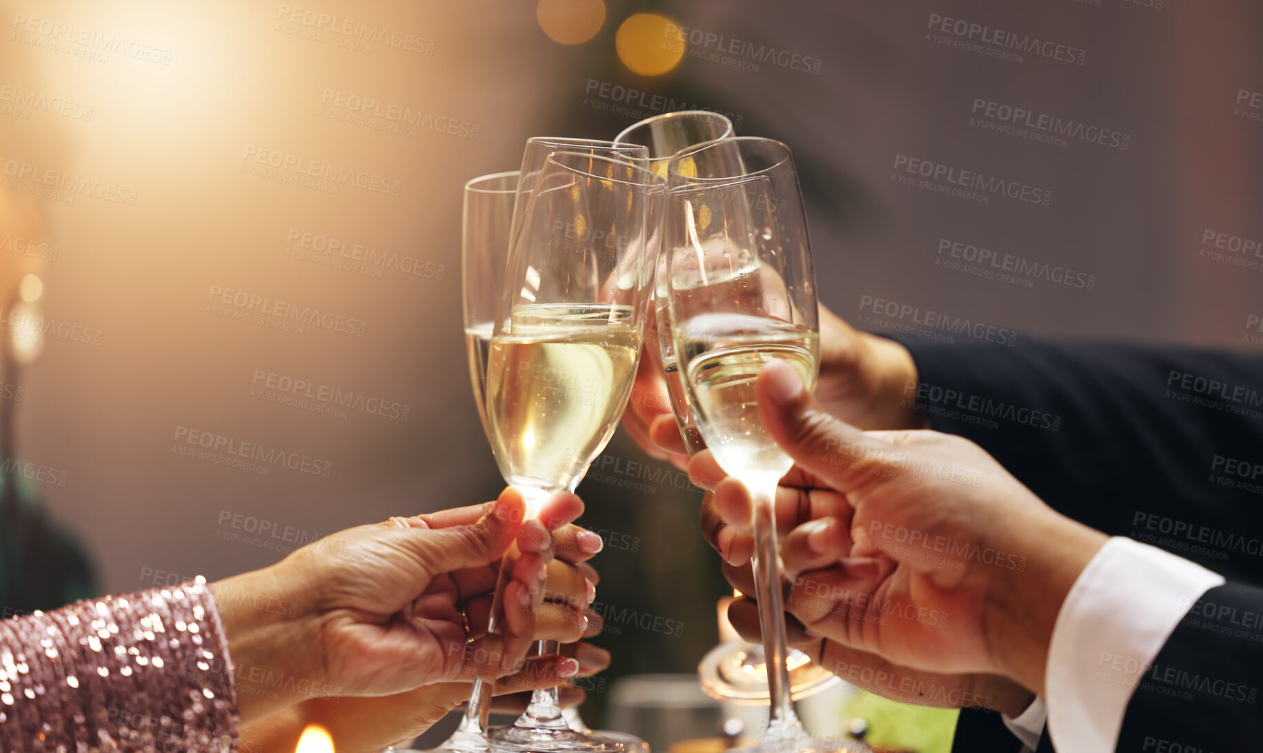 Buy stock photo Hands, group and toast champagne at party in celebration, goals or connection for success in career at night. Business people, drinks and alcohol for cheers, congratulations or new year at gala event