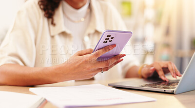 Buy stock photo Home office, cellphone and hands of woman with laptop, multitasking or online information for research. Closeup, freelancer and person as web designer for digital page, update app or connection