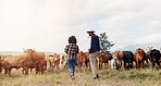 Agriculture, cows and farm with couple outdoor together for conservation or organic sustainability. Back, beef or dairy with man and woman farmer in countryside for agro development or growth