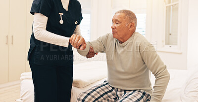 Buy stock photo Assisted living, help and old man with nurse in bedroom of retirement home for morning wake up. Healthcare, medical or support with caregiver and senior patient on bed in apartment for wellness