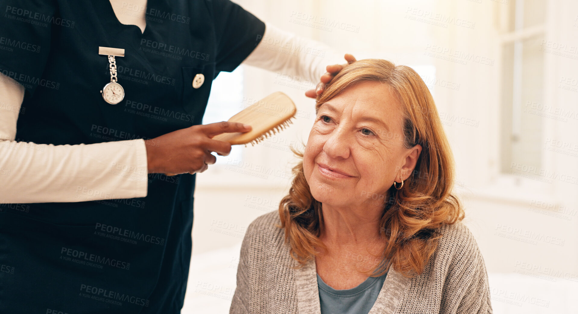 Buy stock photo Brush, help and nurse with woman for hair in retirement home for healthcare consultation. Happy, assisting and caregiver with senior patient for hairstyle getting ready in morning at nursing facility