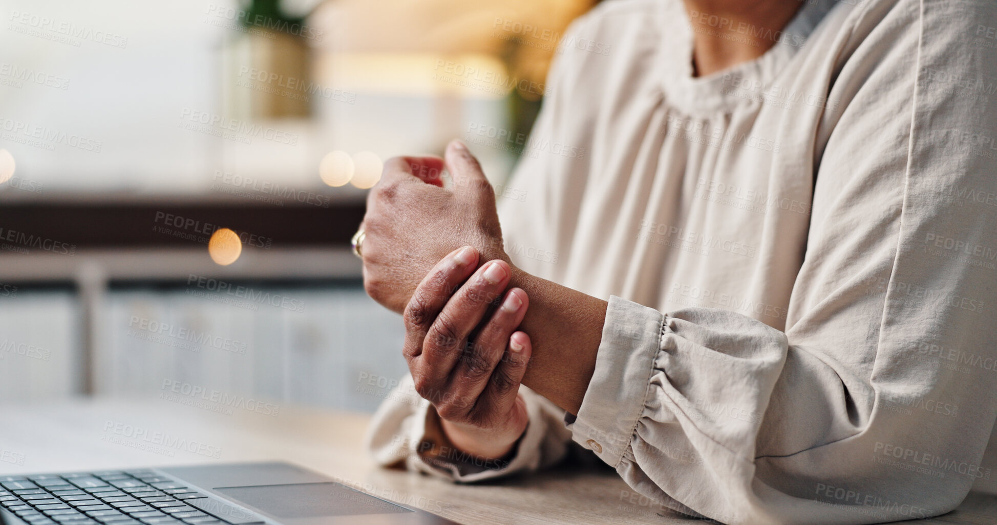 Buy stock photo Arthritis, hands and laptop with business person at desk in office for administration or typing report. Carpal tunnel, fibromyalgia or wrist pain and employee working on computer with osteoporosis
