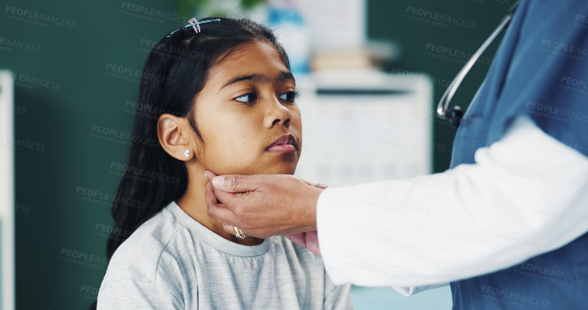 Buy stock photo Doctor, child and neck check with exam, care and medical assessment for sore throat. Hospital, pediatrician and young girl with tonsil, wellness and consultation of patient with asthma and help