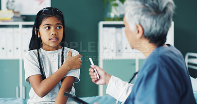 Buy stock photo Girl, woman and doctor on consultation with tablet or stylus pen for notes, information and diagnosis. Mature person, pediatrician and kid as patient with explaining, symptoms and pain at clinic