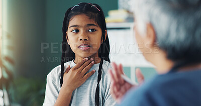 Buy stock photo Child, girl and doctor in office for consultation, speech therapy or health treatment for sore throat. Healthcare, pediatrician and sick kid in clinic for advice, professional help or medical checkup