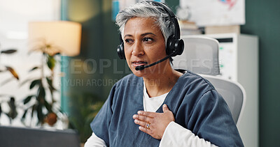 Buy stock photo Healthcare, laptop and doctor on a call for telehealth consulting, medical service and online diagnosis. Hospital, digital support and mature woman with headset for results, insurance and wellness