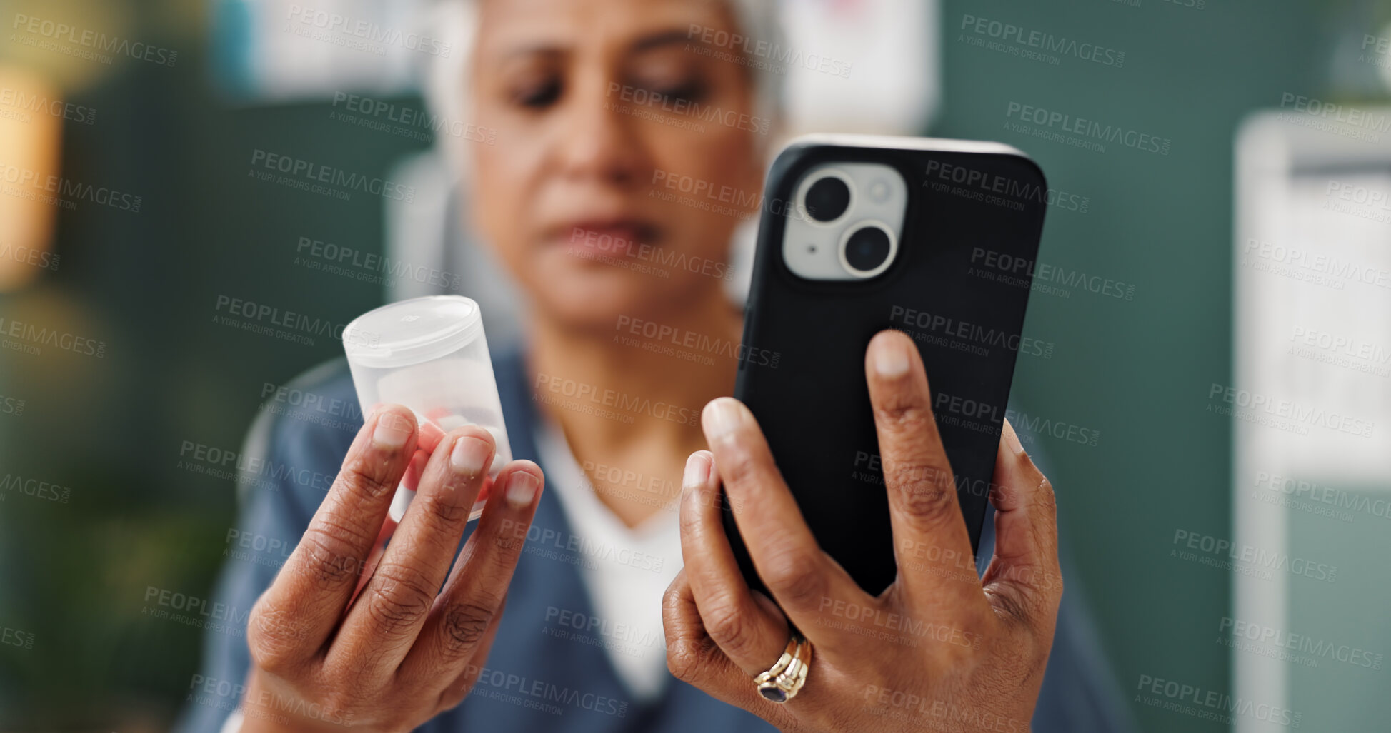 Buy stock photo Medication, phone and hands of doctor in clinic reading information of side effects for pills. Medicine, cellphone and woman healthcare worker with tablets for treatment plan with online consultation