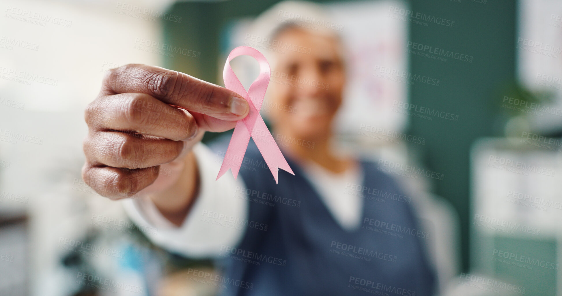 Buy stock photo Hands, woman and nurse with pink ribbon, healthcare and awareness for breast cancer. Mature person, medical and professional with symbol, sign and icon in hospital, wellness and promotion for info