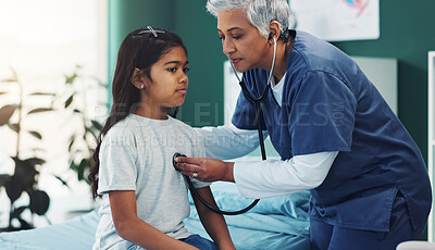 Buy stock photo Doctor, child and lung check with breathing, listening and medical assessment with stethoscope. Hospital, pediatrician and girl at clinic with wellness and consultation with asthma and mature woman