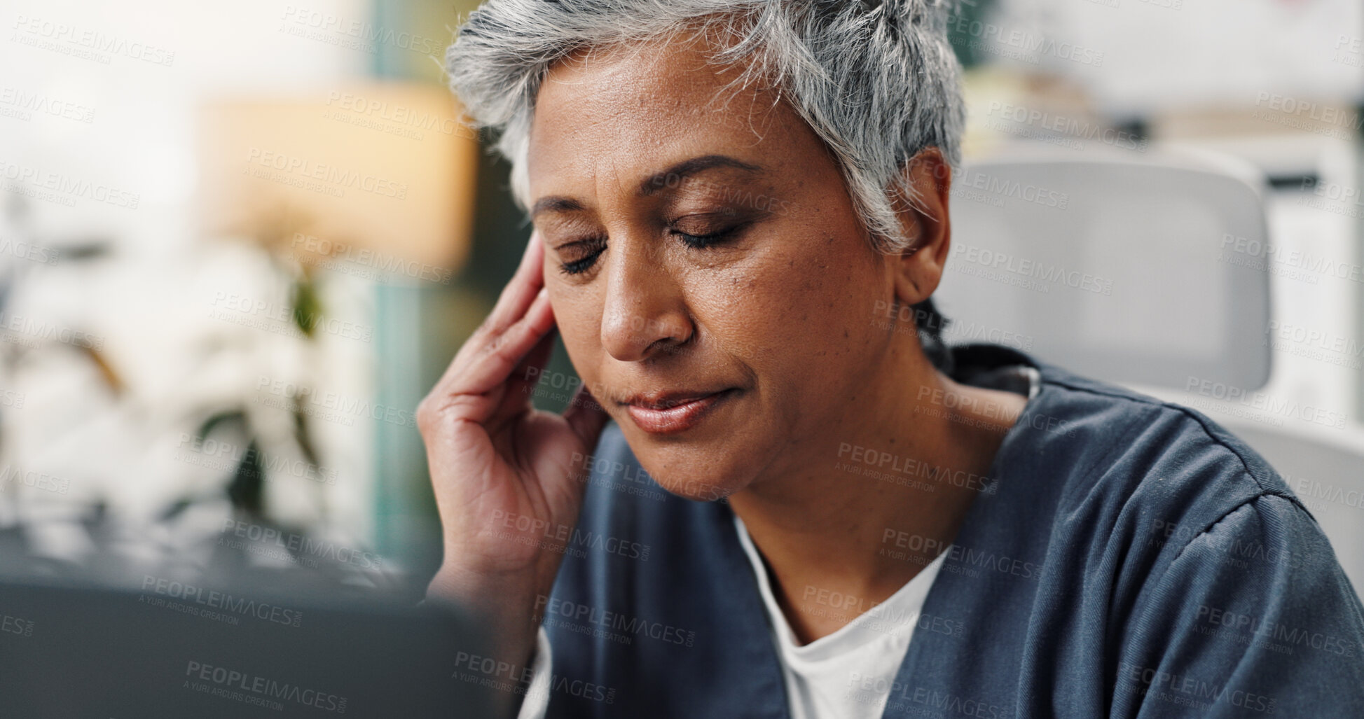 Buy stock photo Mature woman, doctor and headache with laptop in hospital for burnout, medical fail and deadline stress. Physician, health worker or migraine in office with brain fog, fatigue or overworked in clinic