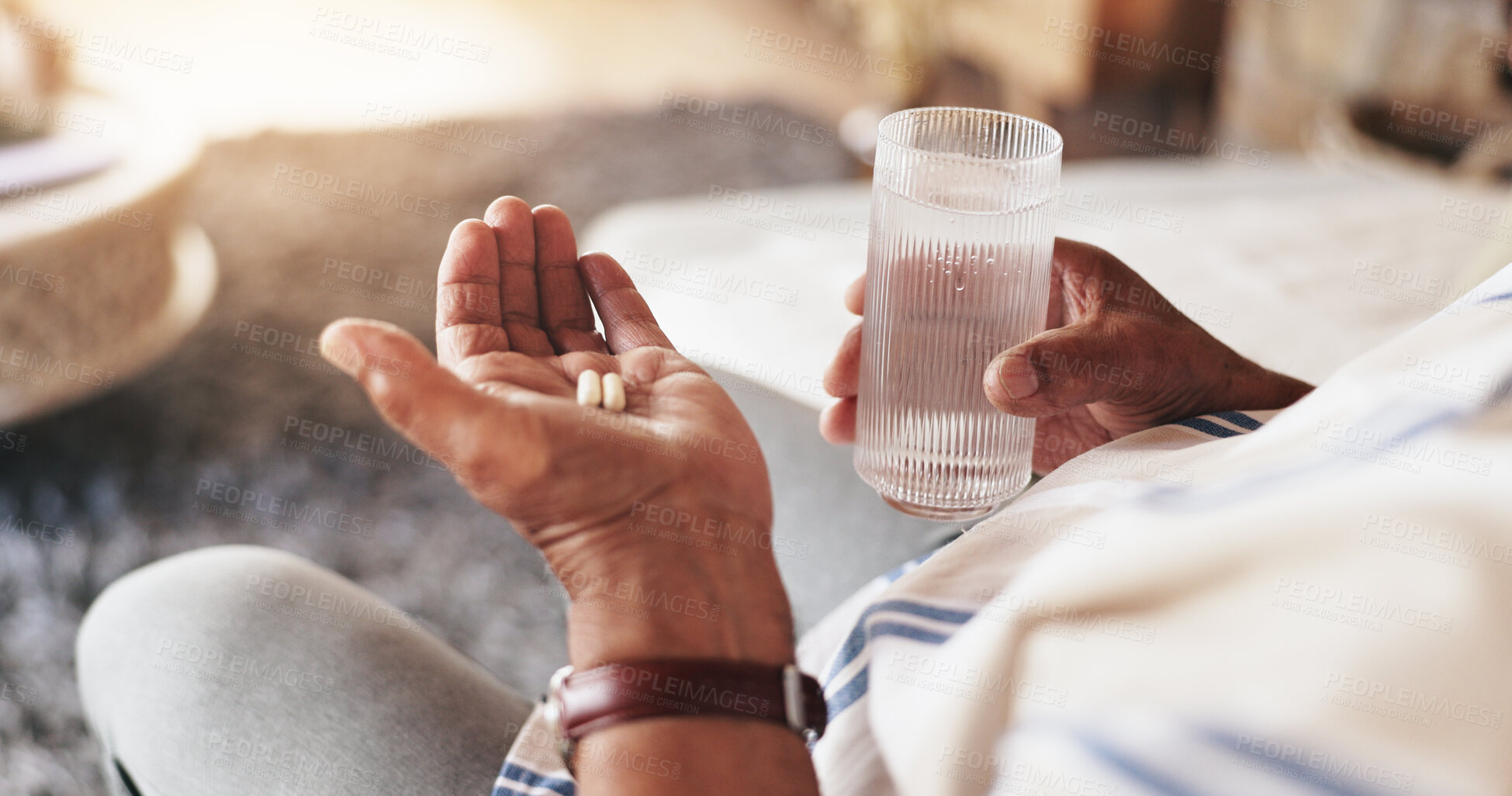 Buy stock photo Hands, water and pills for healthcare, wellness and retirement with medical problem, sick and pain. Elderly person, drink and medicine for pharmaceutical, health or illness with diabetes or arthritis