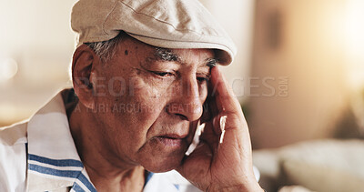 Buy stock photo Retirement, thinking and old man in house, worry and depression in living room, mental health and sad. Contemplating, unhappy and mature person with anxiety, sickness and thoughts of senior care