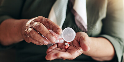 Buy stock photo Hands, drugs and pills for healthcare, wellness and retirement with medical problem, sick and pain. Elderly person, dose and medicine for pharmaceutical, health or illness with diabetes or arthritis