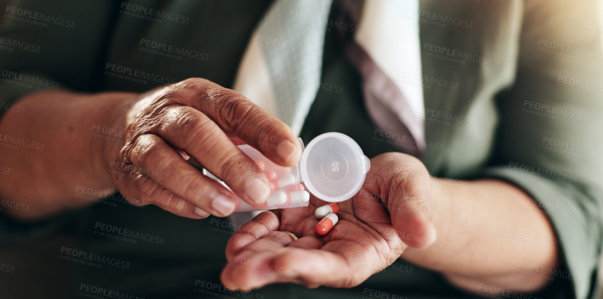 Buy stock photo Hands, drugs and pills for healthcare, wellness and retirement with medical problem, sick and pain. Elderly person, dose and medicine for pharmaceutical, health or illness with diabetes or arthritis