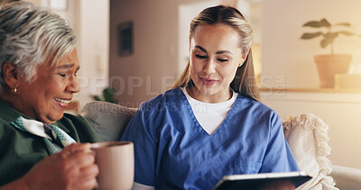 Buy stock photo Nurse, tablet and senior woman on sofa in home with results, news or listen to conversation with medical report. People. caregiver and digital touchscreen with coffee, consulting or app in retirement