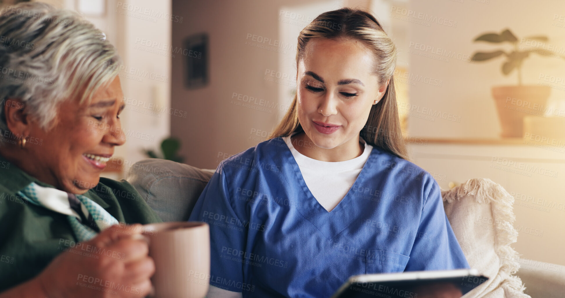 Buy stock photo Nurse, tablet and senior woman on sofa in home with results, news or listen to conversation with medical report. People. caregiver and digital touchscreen with coffee, consulting or app in retirement