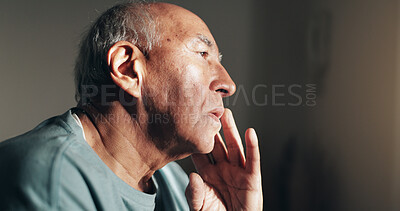 Buy stock photo Retirement, thinking and old man in home, sick and depression in morning, stress and mental health. House, illness and fear of disease, sad and anxiety for alzheimer, contemplating and senior person