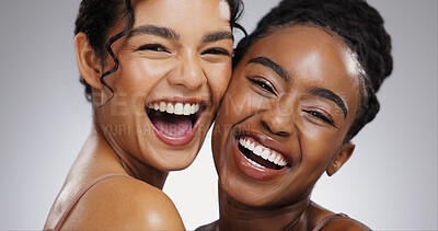 Buy stock photo Portrait, shine or women with skincare, funny or dermatology on white studio background. Face, friends or people with glow, aesthetic or grooming routine with treatment, luxury or wellness with humor