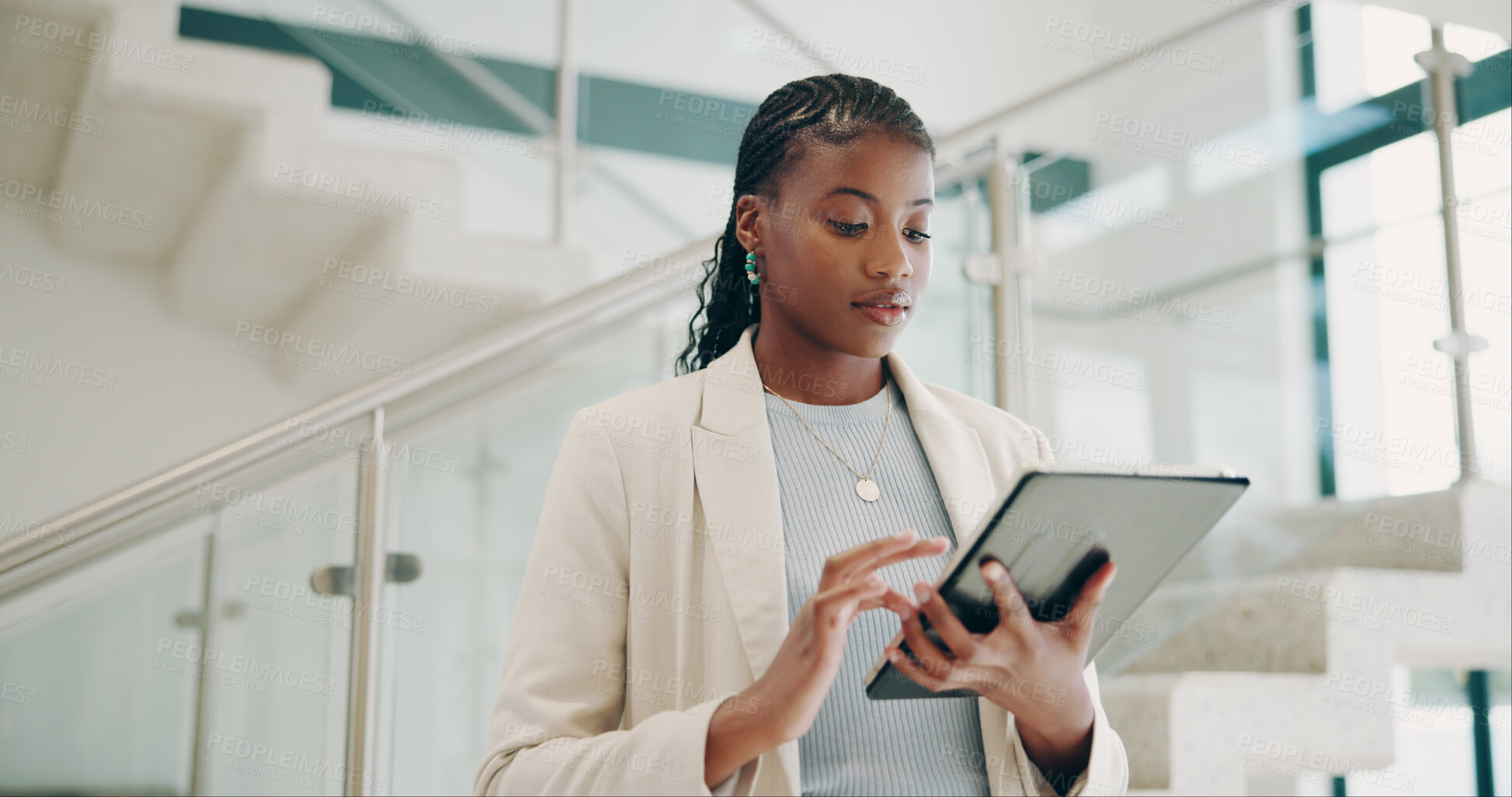 Buy stock photo House, black woman and real estate agent with tablet for communication, networking and connection. Business, female person and chatting on email with client or tenant for home viewing and property