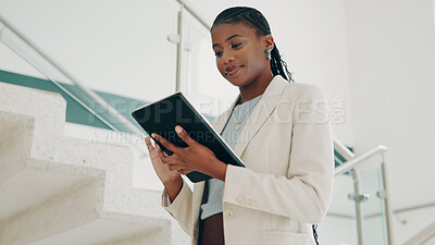 Buy stock photo Building, black woman and real estate agent with tablet for communication, networking and connection. Business, female person and chatting on email with client or tenant for home viewing and property