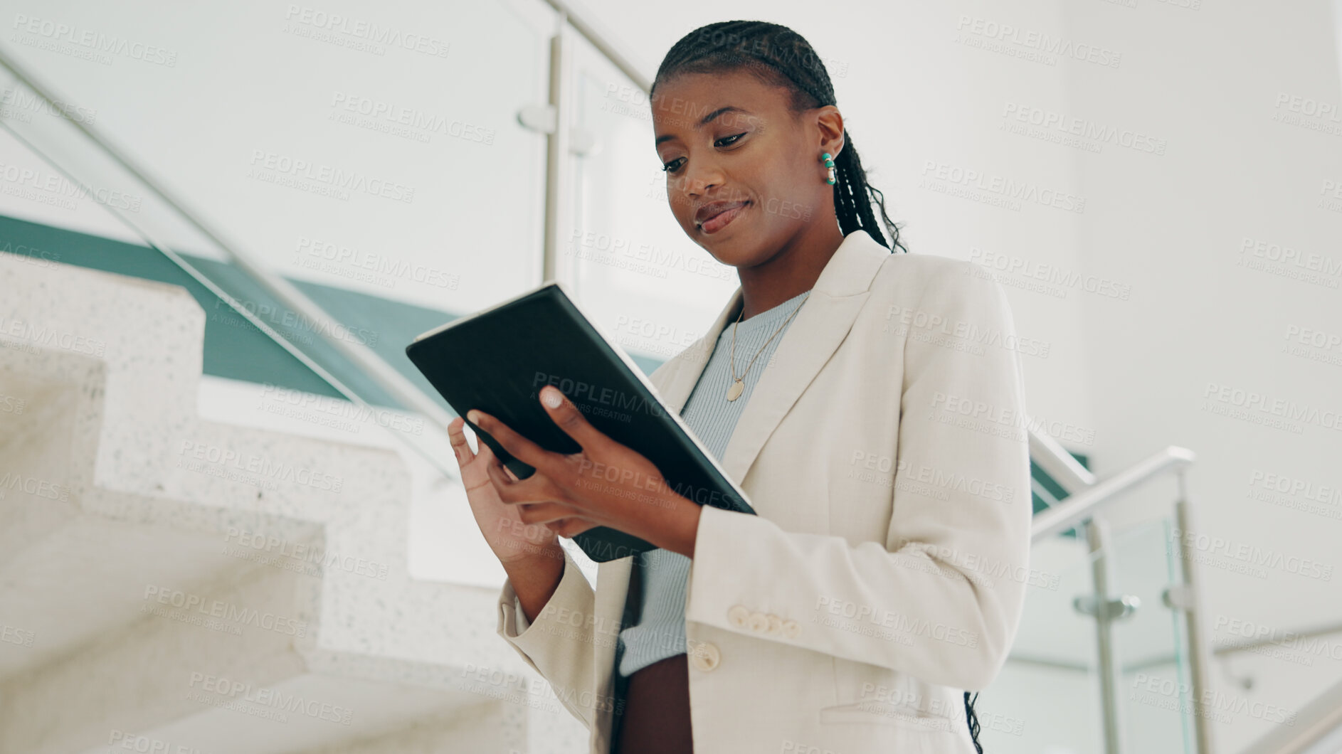 Buy stock photo Building, black woman and real estate agent with tablet for communication, networking and connection. Business, female person and chatting on email with client or tenant for home viewing and property