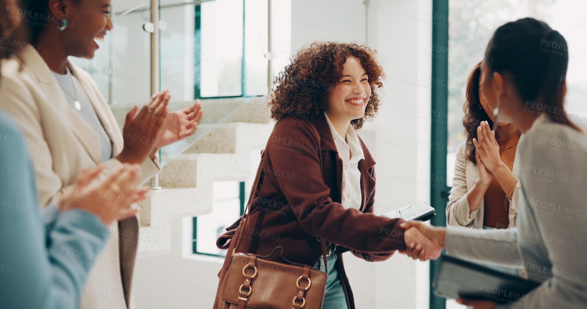 Buy stock photo Employees, women and happy at office with handshake for recruitment, welcome and agreement. Business, people and smile or applause for job well done, promotion and career opportunity at meeting