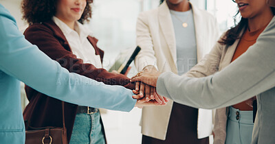 Buy stock photo Hands, people and huddle at office on meeting for teamwork, collaboration and unity. Employees, business and solidarity for project with synergy, coworking and motivation with engagement for victory