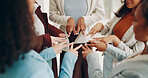 Business people, circle and hands together for cooperation, women and support in modern office. Employees. coworkers and group with gesture, teamwork and partnership with collaboration and synergy