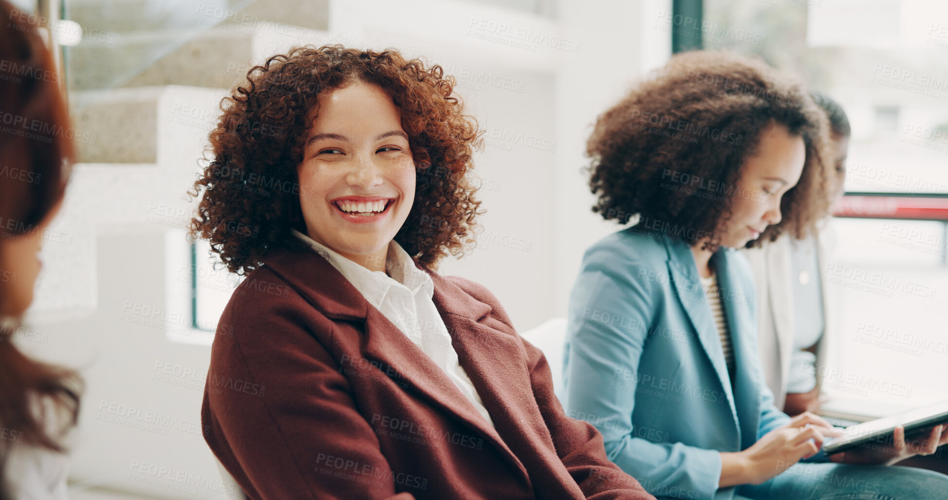 Buy stock photo Waiting room, interview and group of women, conversation and diversity of applicants, job search or hope. Happy, people and recruitment for business, corporate and opportunity of employment or agency