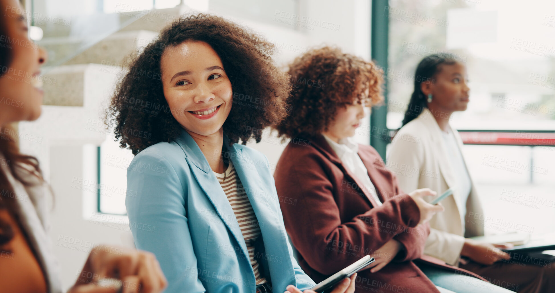 Buy stock photo Waiting room, interview and group of women, laughing and diversity of applicants, job search and hope. Happy, people and recruitment for business, corporate and opportunity of employment and agency