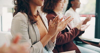 Buy stock photo Business, women and smile in row with applause at office for success, congratulations and achievement. People, employees and closeup in clapping hands for well done at conference, seminar or workshop