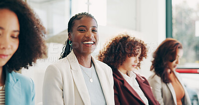 Buy stock photo Waiting room, interview and group of women, row and diversity of applicants, job search and hope. Happy, people and recruitment for business, corporate and opportunity of employment and agency