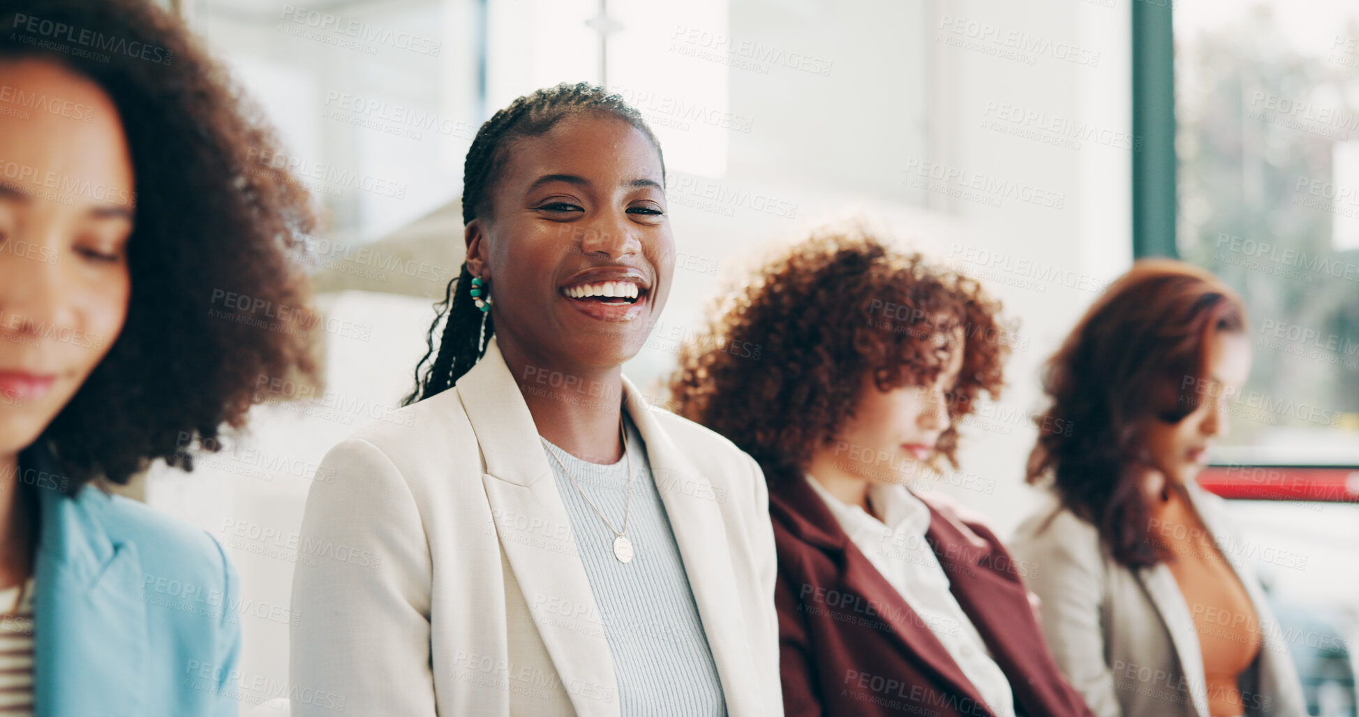 Buy stock photo Waiting room, interview and group of women, row and diversity of applicants, job search and hope. Happy, people and recruitment for business, corporate and opportunity of employment and agency