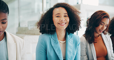 Buy stock photo Waiting room, interview and group of women, confident and diversity of applicants, job search and hope. Happy, people and recruitment for business, corporate and opportunity of employment and agency