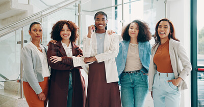 Buy stock photo Business, women and happy on portrait at office with confidence, pride and partnership for company growth. People, employees and about us with smile for career development, teamwork and collaboration