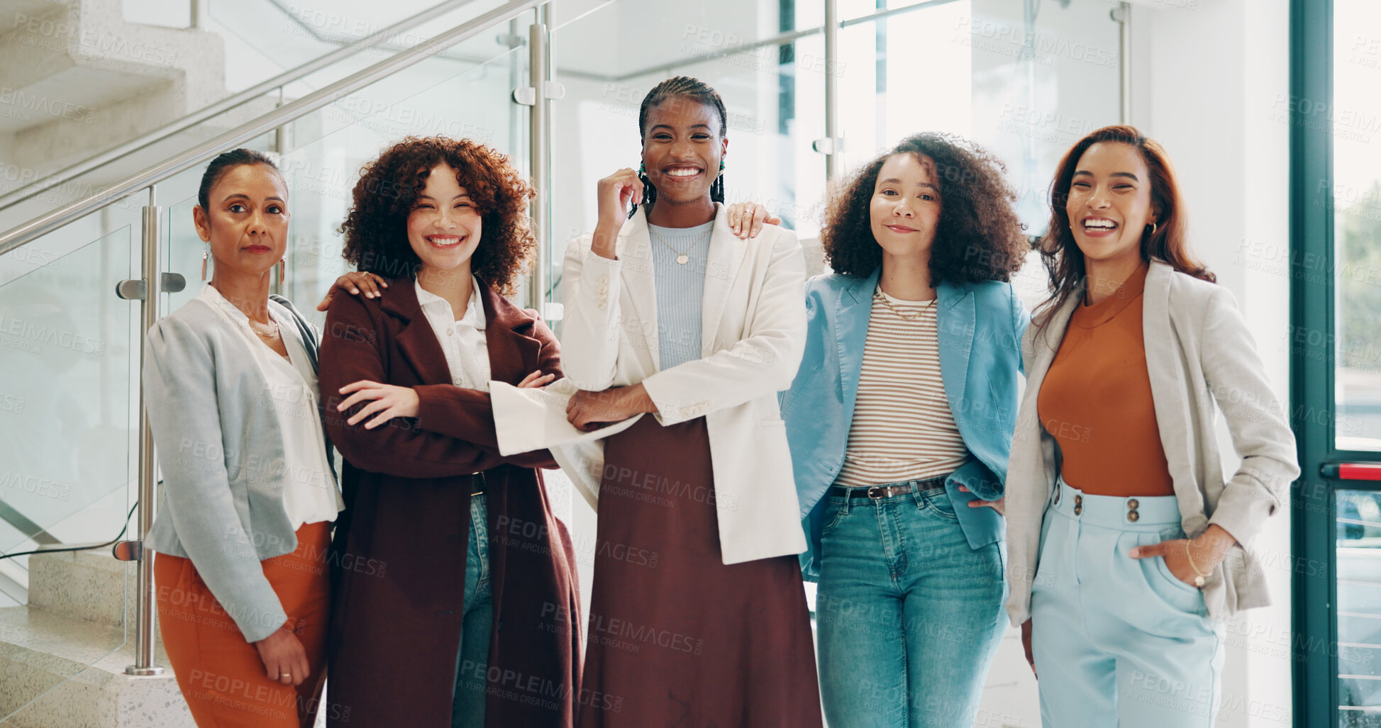 Buy stock photo Business, women and happy on portrait at office with confidence, pride and partnership for company growth. People, employees and about us with smile for career development, teamwork and collaboration