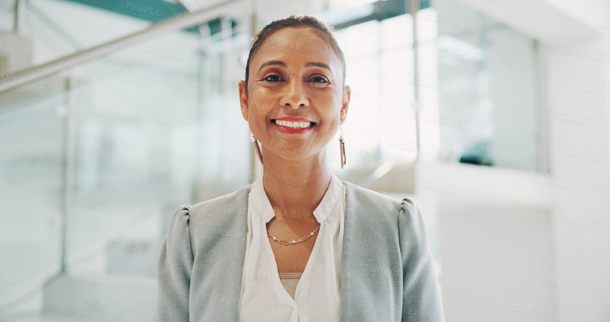 Buy stock photo Mature woman, employee and portrait with confidence for promotion, job opportunity or good news. Female person, happy and professional as pr agent for community management, business or digital agency