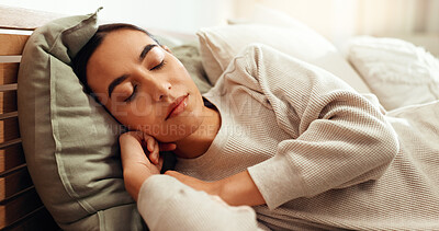 Buy stock photo Woman, fatigue and sleeping in home for relax, comfortable and afternoon nap with peace, quiet and dream. Female person, tired and rest on bed on weekend for chill, break and calm with relief or cozy