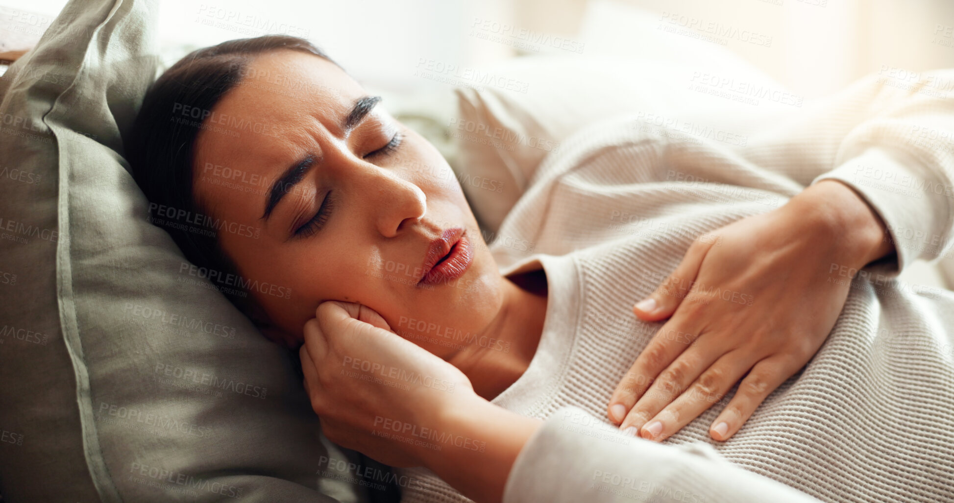 Buy stock photo Woman, sore chest and sick in home, virus influenza and laying on bed with bacteria infection. Female person, flu symptoms and bedroom with lungs disease, respiratory illness and breathing problems