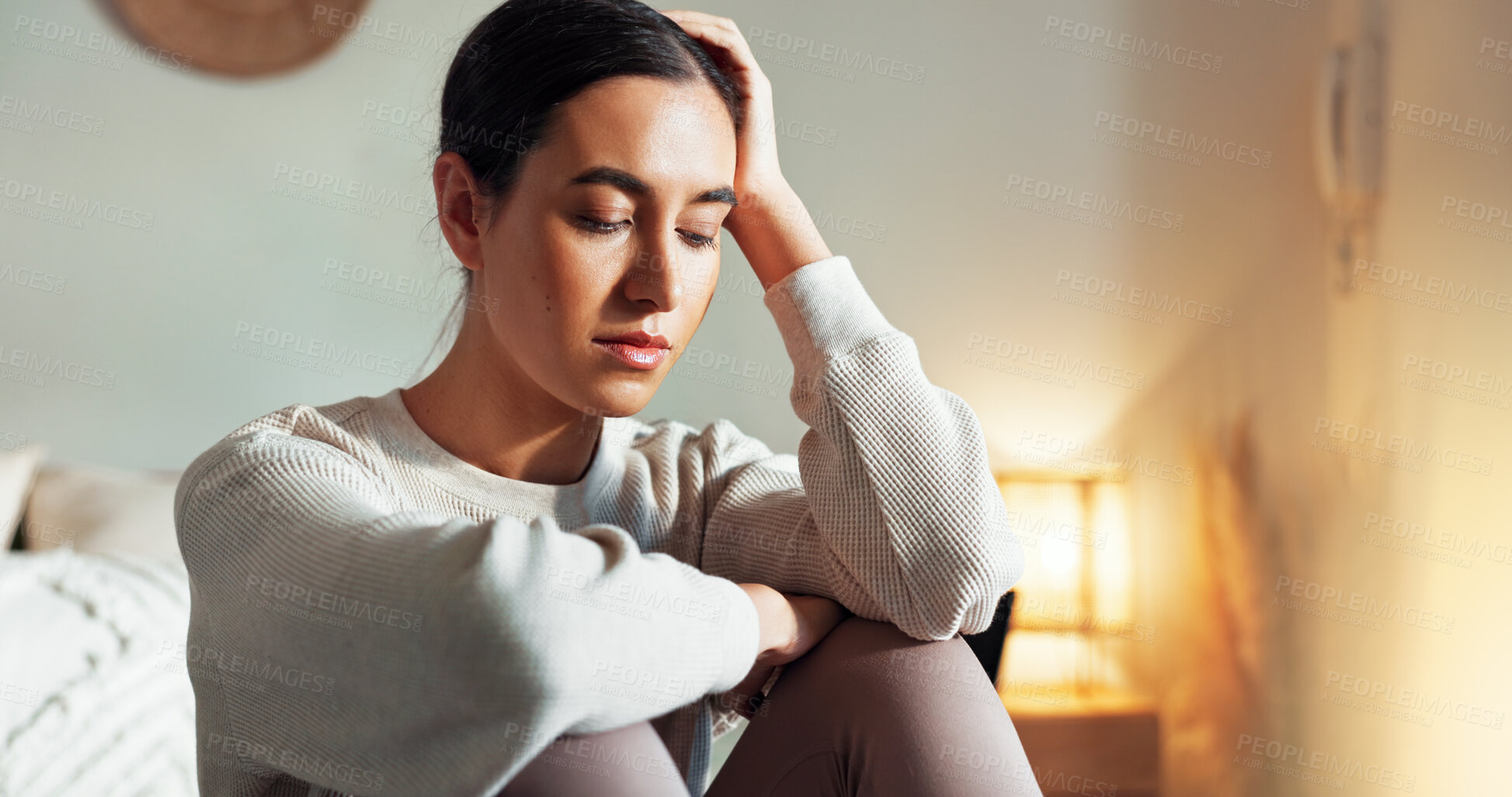 Buy stock photo Woman, thinking and tired in home for stress, burnout and bad mental health in bedroom. Female person, imagine solution and hope of depression recovery in apartment, anxiety and mindfulness on bed