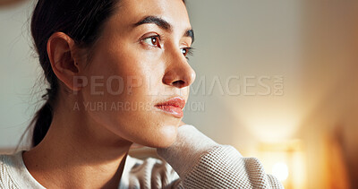 Buy stock photo Woman, thinking and morning in home for nostalgia, planning and dream of opportunity in lounge. Female person, imagine future and remember past or memory in apartment, mindset and reflection on hope