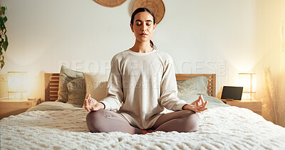 Buy stock photo Calm, meditation and woman in bedroom, peace and relax on bed, spiritual and enlightenment in house. Mindset, zen and emotional health with chakra, wellness and person in morning, breathing and home