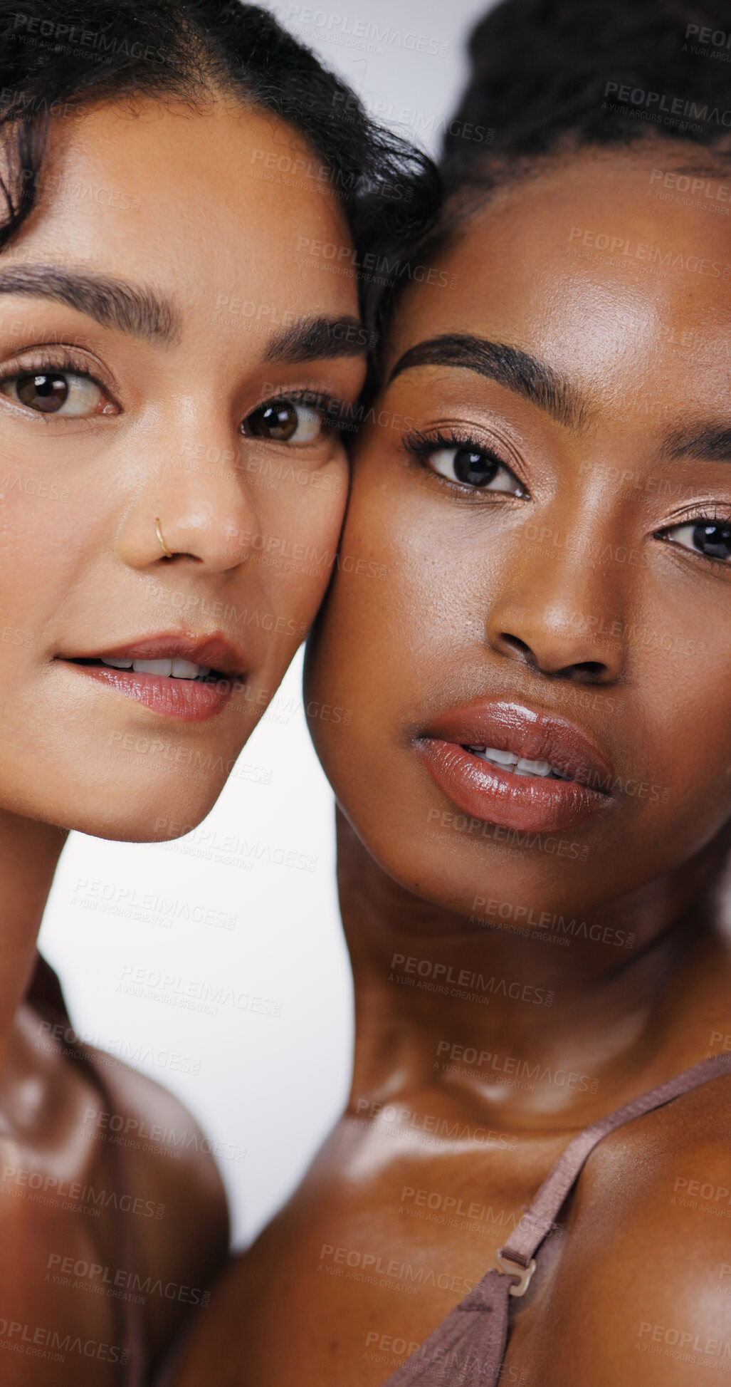 Buy stock photo Portrait, hug and women with skincare, beauty and dermatology on white studio background. Face, friends and people with cosmetics, aesthetic and grooming routine with treatment, shine and wellness