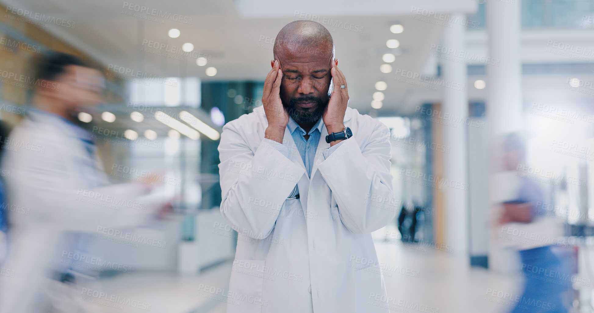 Buy stock photo Doctor, man and headache in hospital with stress of medical mistake, overworked and burnout. Motion blur, black health worker and migraine in busy clinic with fatigue, crisis and frustrated for chaos