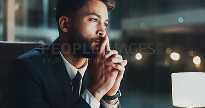 Buy stock photo Night, thinking and man in office with ideas, business plan and brainstorming for project at digital agency. Research, overtime and businessman at desk with reflection, inspiration and working late