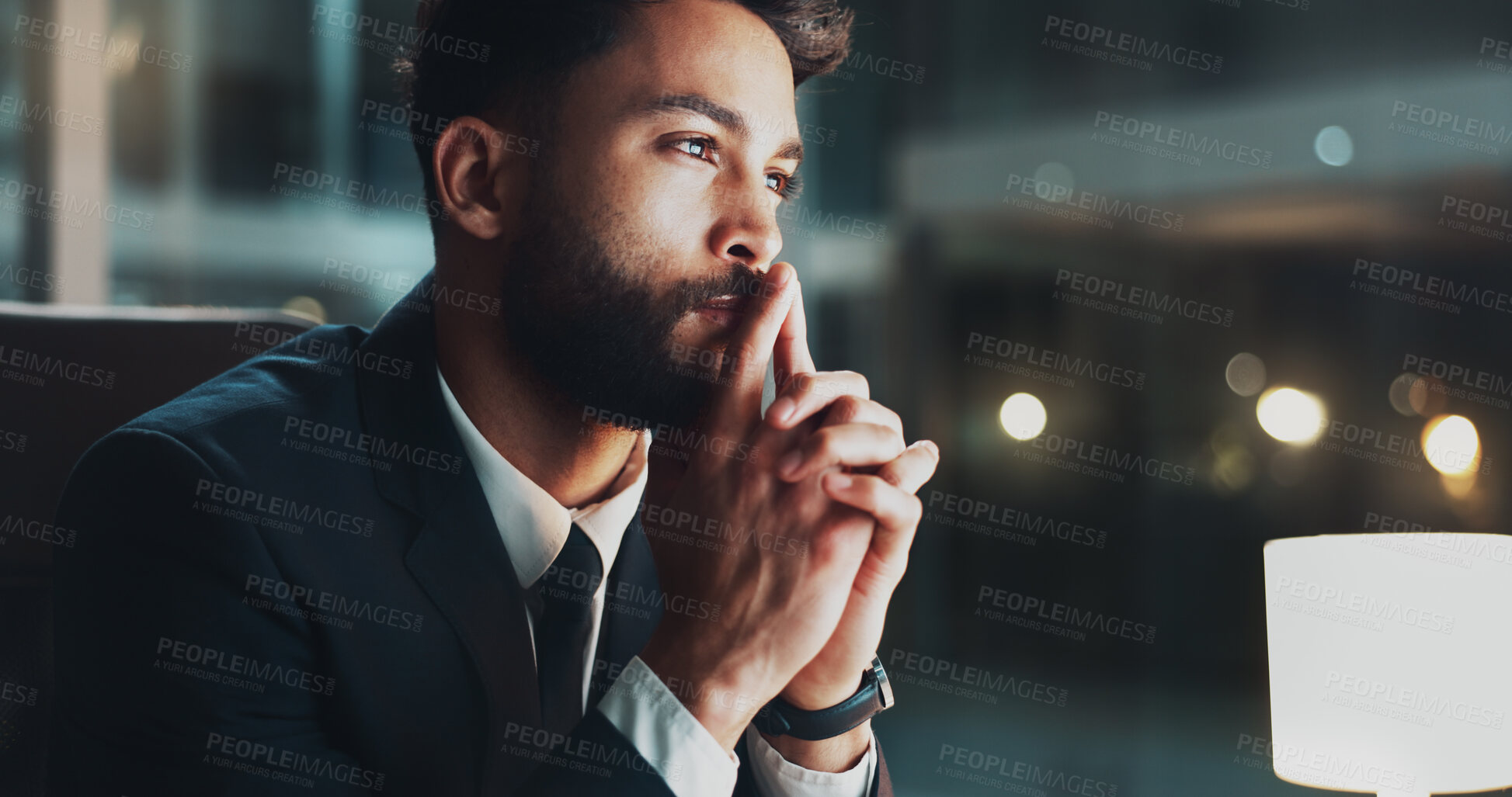 Buy stock photo Night, thinking and man in office with ideas, business plan and brainstorming for project at digital agency. Research, overtime and businessman at desk with reflection, inspiration and working late