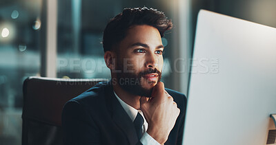 Buy stock photo Night, thinking and businessman in office with computer, business plan and ideas for online project at digital agency. Research, overtime and man at desk checking email, report or review at startup