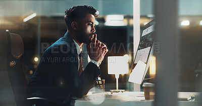 Buy stock photo Night, man or thinking at computer for business, research or problem solving with website on screen. Software developer, tech and idea in dark office for innovation, planning and project development