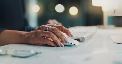 Buy stock photo Business, hands and woman in office, mouse and clicking with internet, evening and keyboard. Computer, night and professional in workplace, closeup and website info with connection and fingers