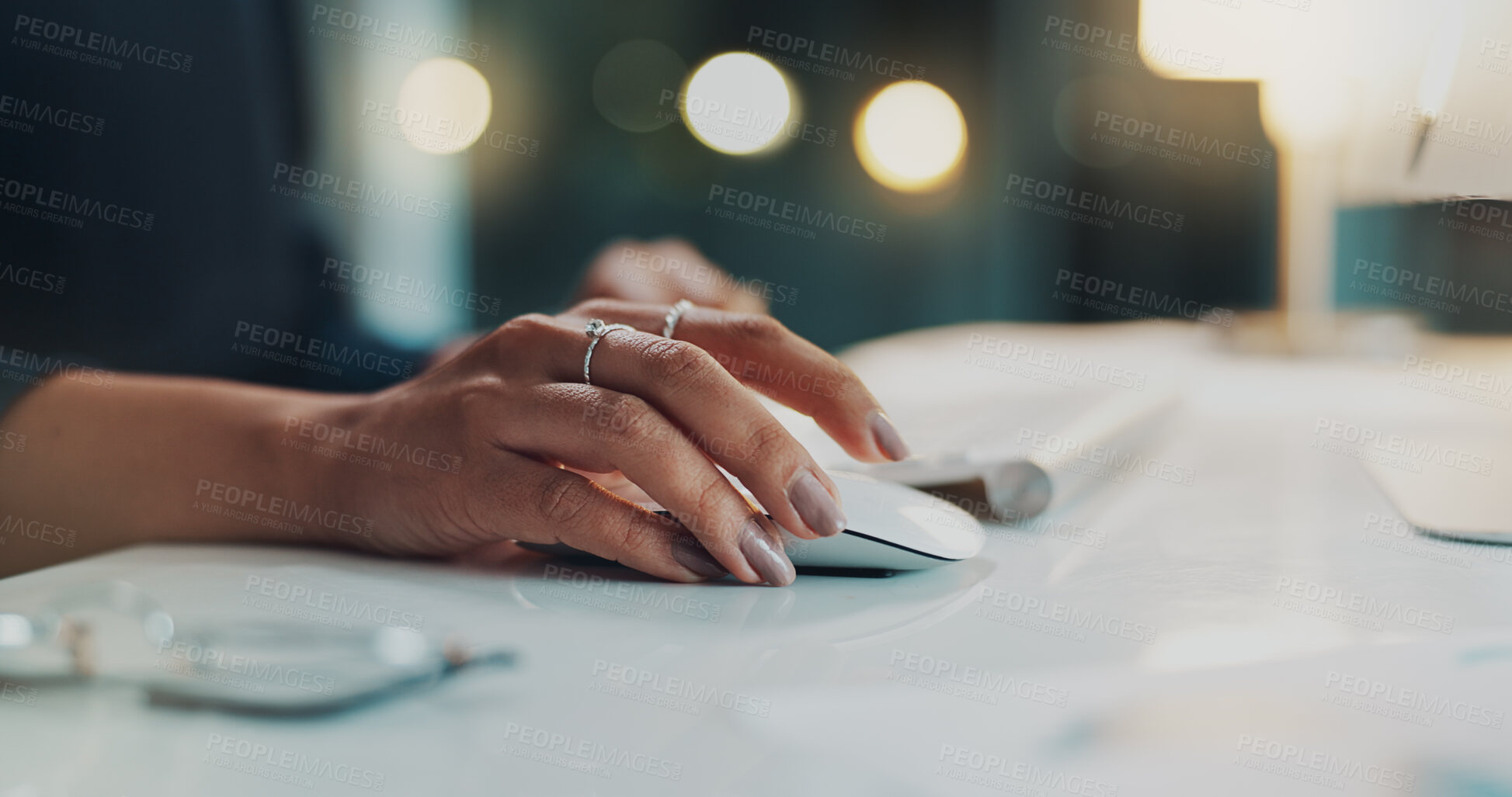 Buy stock photo Business, hands and woman in office, mouse and clicking with internet, evening and keyboard. Computer, night and professional in workplace, closeup and website info with connection and fingers